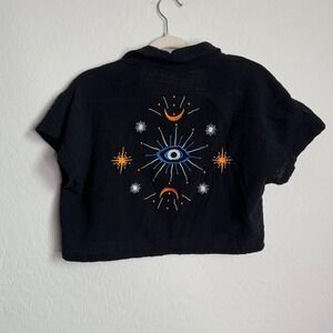 LIFE Womens Black Cotton Gauze Boho Embroidered Astrology Button Down Shirt L
